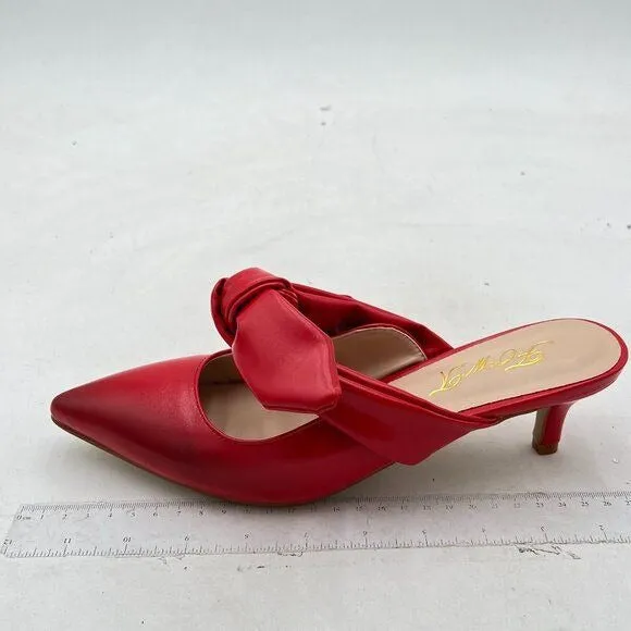 FOWT Red Burnished Pointed Toe Slip On Mule Bow Kitten Heel Backless Slipper