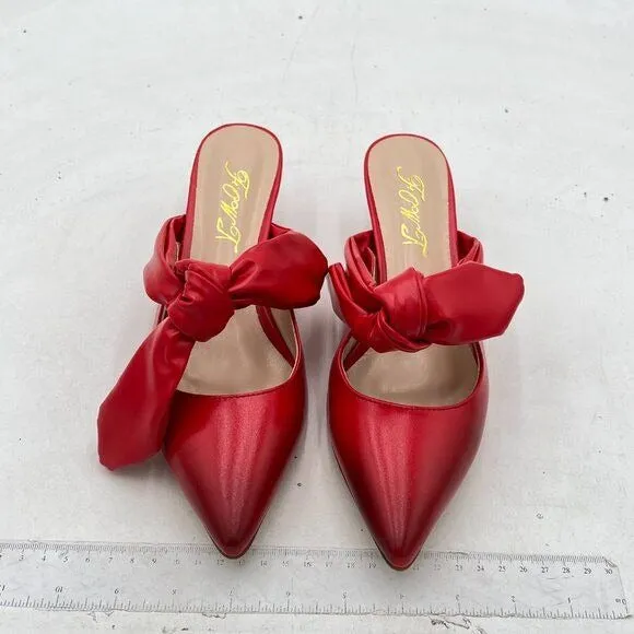 FOWT Red Burnished Pointed Toe Slip On Mule Bow Kitten Heel Backless Slipper