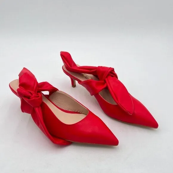 FOWT Red Pointed Toe Slip On Mules with Bow Kitten Heel Backless Dress Sandals