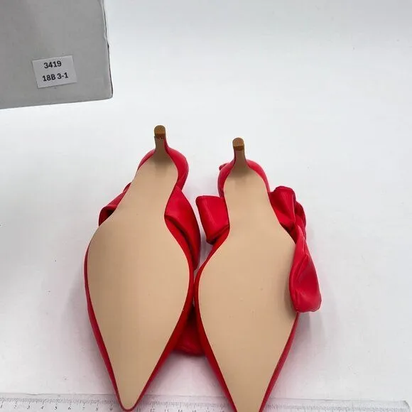 FOWT Red Pointed Toe Slip On Mules with Bow Kitten Heel Backless Dress Sandals