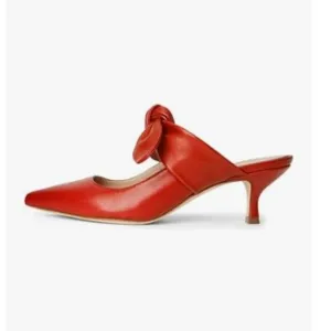 FOWT Red Pointed Toe Slip On Mules with Bow Kitten Heel Backless Dress Sandals