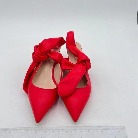 FOWT Red Pointed Toe Slip On Mules with Bow Kitten Heel Backless Dress Sandals