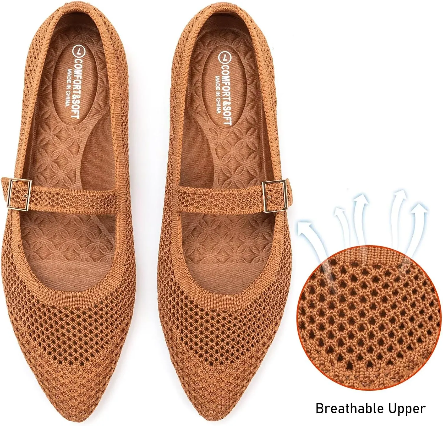 Frank Mully Women's Mesh Flats Mary Jane Shoes Pointed Toe Lightweight with Adjustable Instep Strap Knit Flat Shoes for Women Dressy Casual Washable Walking Shoes