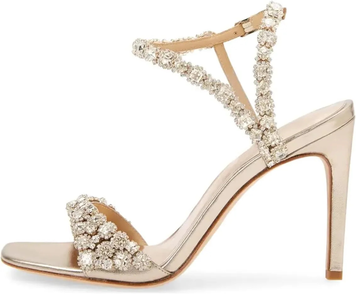 FSJ Women Crystal Strap Stiletto High Heel Sandals Bridal Wedding Open Toe Rhinestones Embellished Formal Evening Prom Shoes Size 4-16 US