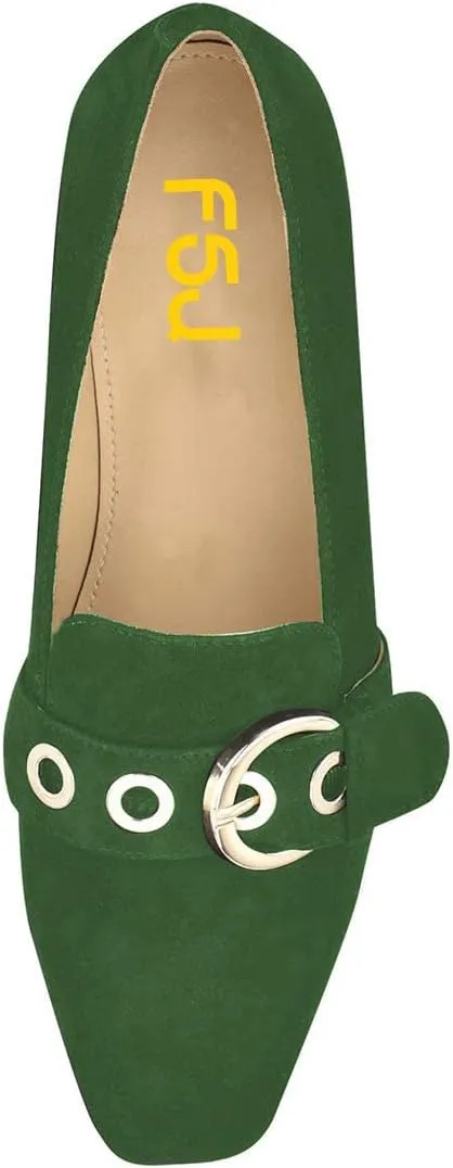 FSJ Women Squared Toe Loafers Comfort Slip On Flats Block Chunky Low Heel Buckle Decor Casual Dress Work Office Shoes Size 4-15 US