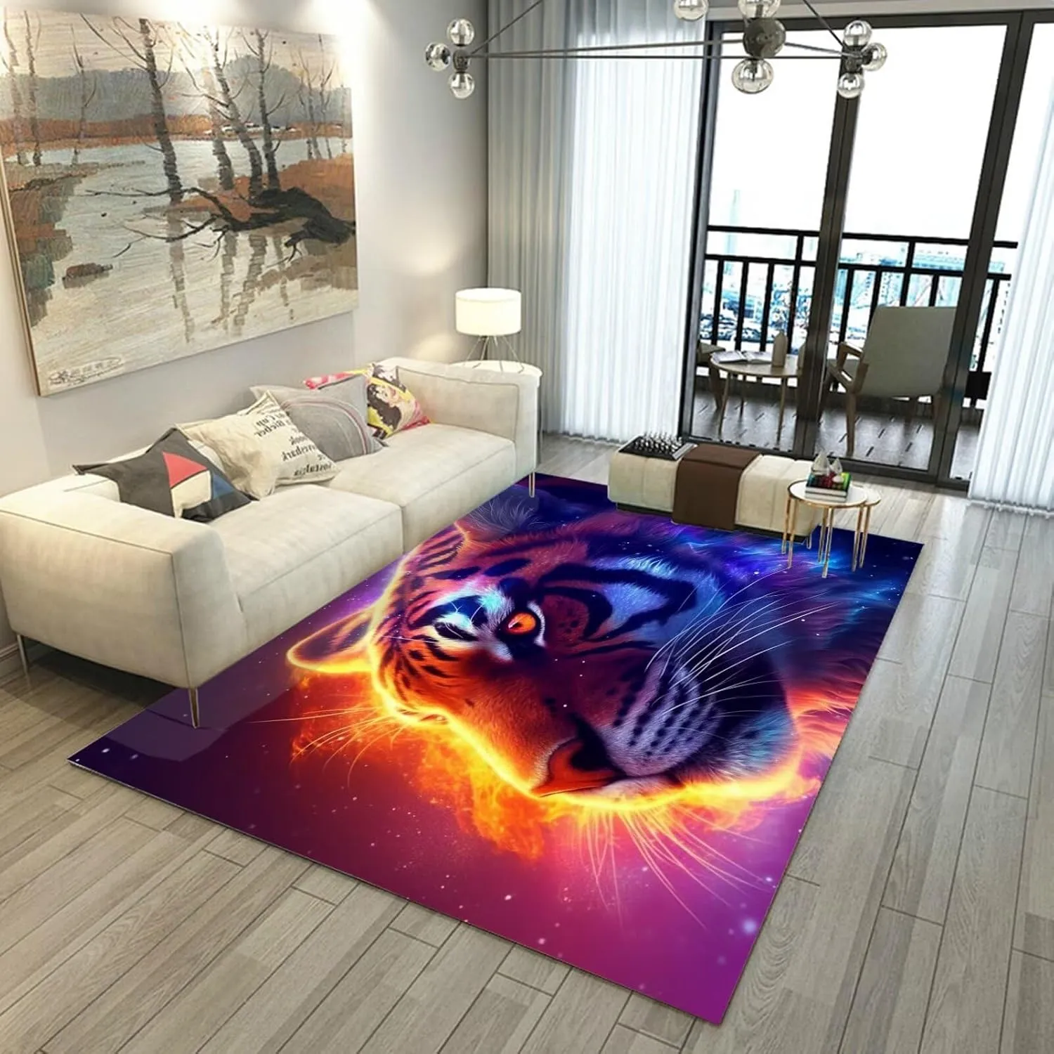 Galaxy Tiger Rug 3D Fierce Tigers Area Rugs for Bedroom Living Room Playroom Gameroom Boys Kids Fire Glitter Carpet Throw Rugs Floor Mat 47 in X 31 in