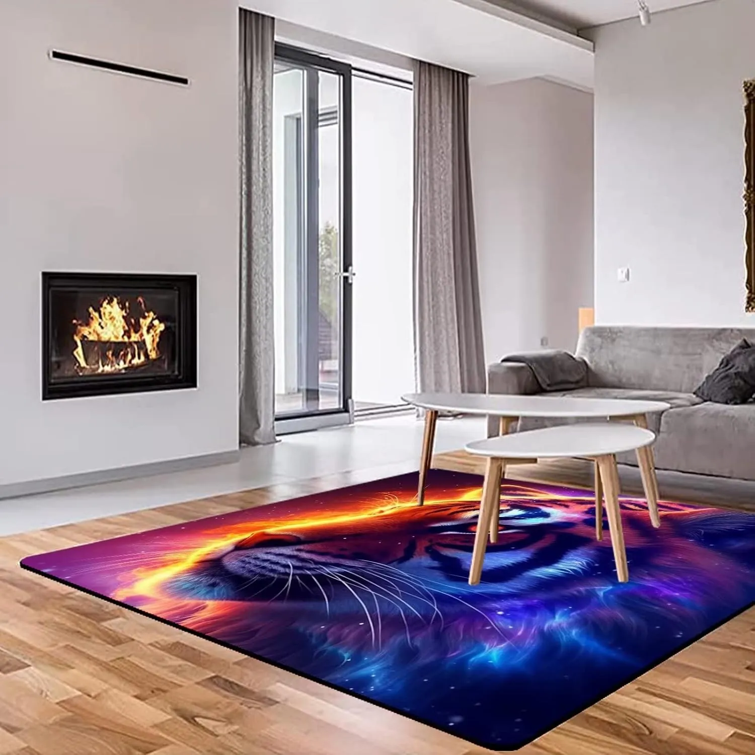 Galaxy Tiger Rug 3D Fierce Tigers Area Rugs for Bedroom Living Room Playroom Gameroom Boys Kids Fire Glitter Carpet Throw Rugs Floor Mat 47 in X 31 in