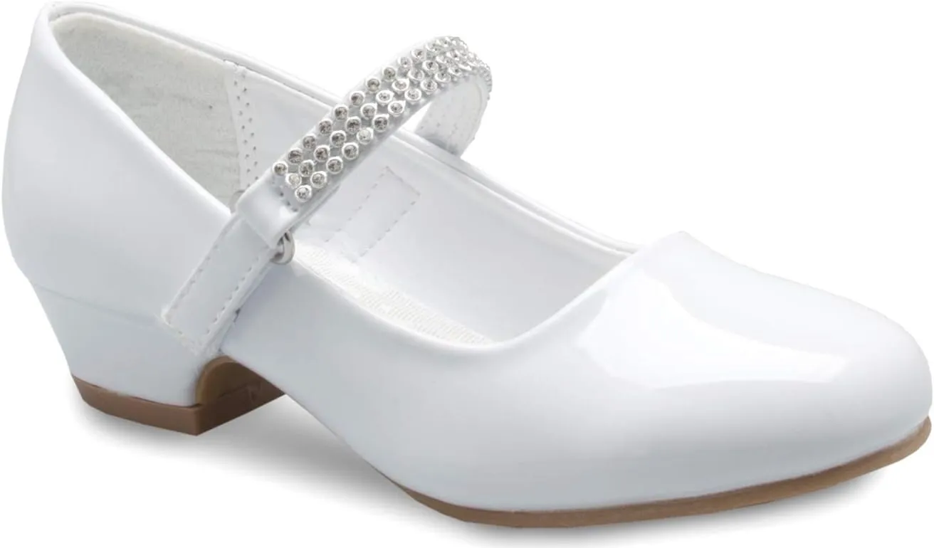 Girls Kitten Heels Mary Jane Shoes - Round Toe with Rhinestone Strap- Easy on Off