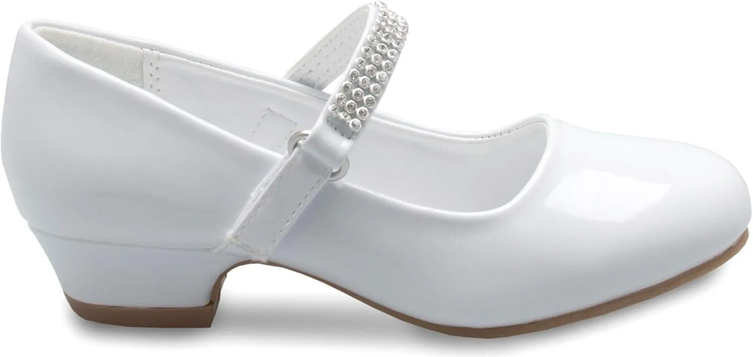 Girls Kitten Heels Mary Jane Shoes - Round Toe with Rhinestone Strap- Easy on Off