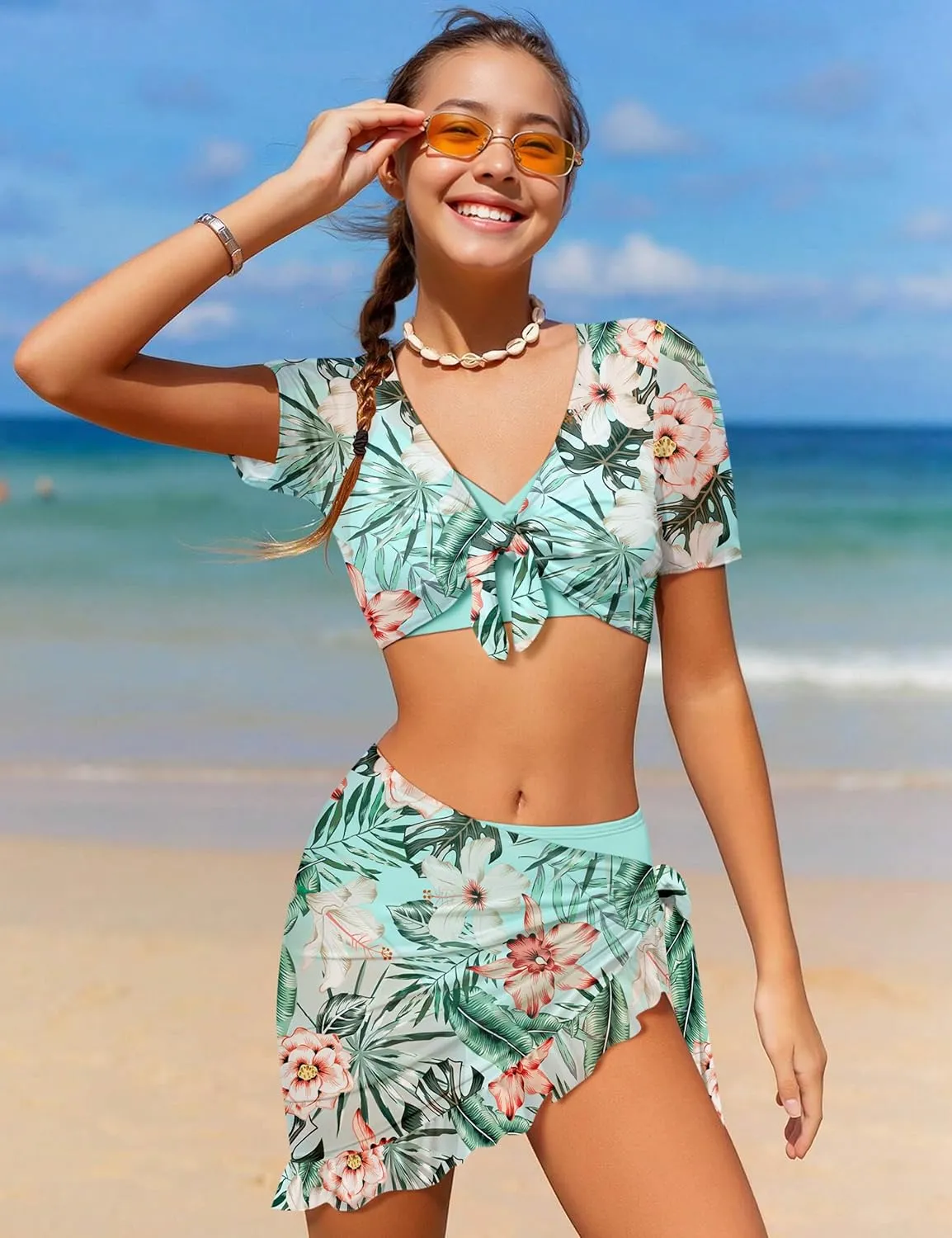 Girls Swimsuit 4 Piece Tropical Print Bikini Set Twist Criss Cross Bathing Suit with Kimono and Cover Up 9-16Y