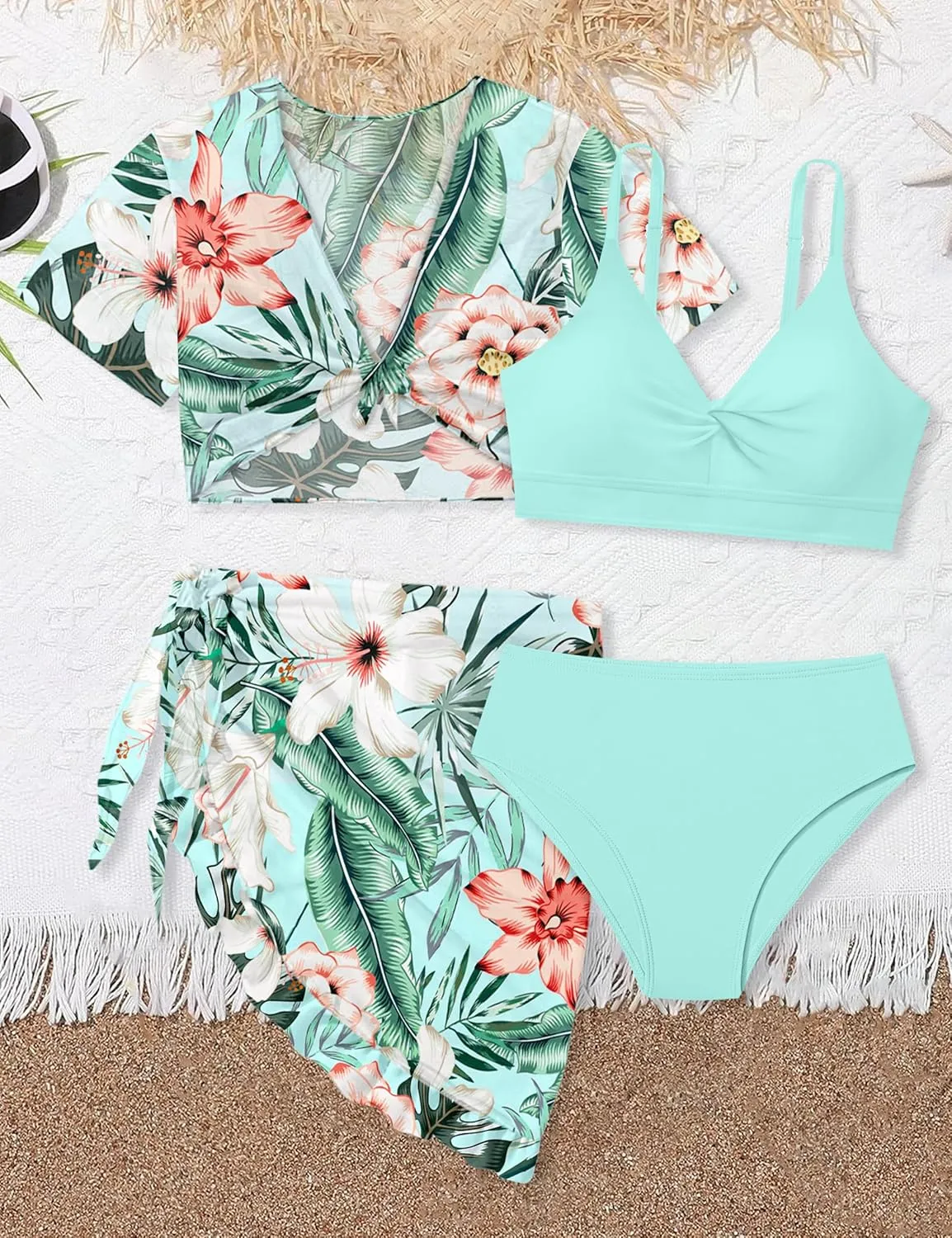 Girls Swimsuit 4 Piece Tropical Print Bikini Set Twist Criss Cross Bathing Suit with Kimono and Cover Up 9-16Y