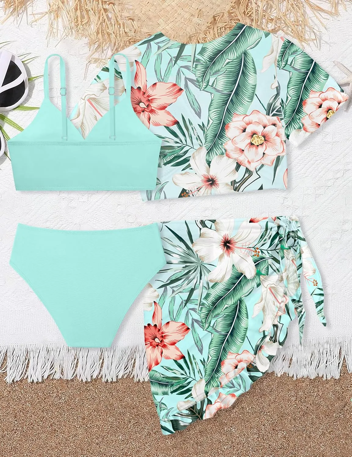 Girls Swimsuit 4 Piece Tropical Print Bikini Set Twist Criss Cross Bathing Suit with Kimono and Cover Up 9-16Y