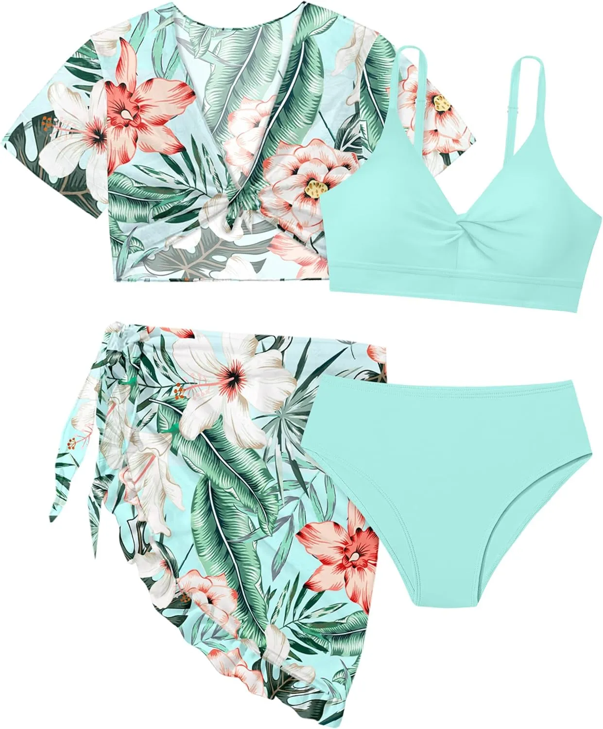Girls Swimsuit 4 Piece Tropical Print Bikini Set Twist Criss Cross Bathing Suit with Kimono and Cover Up 9-16Y