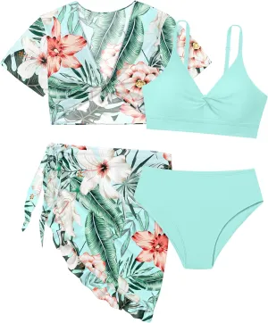 Girls Swimsuit 4 Piece Tropical Print Bikini Set Twist Criss Cross Bathing Suit with Kimono and Cover Up 9-16Y