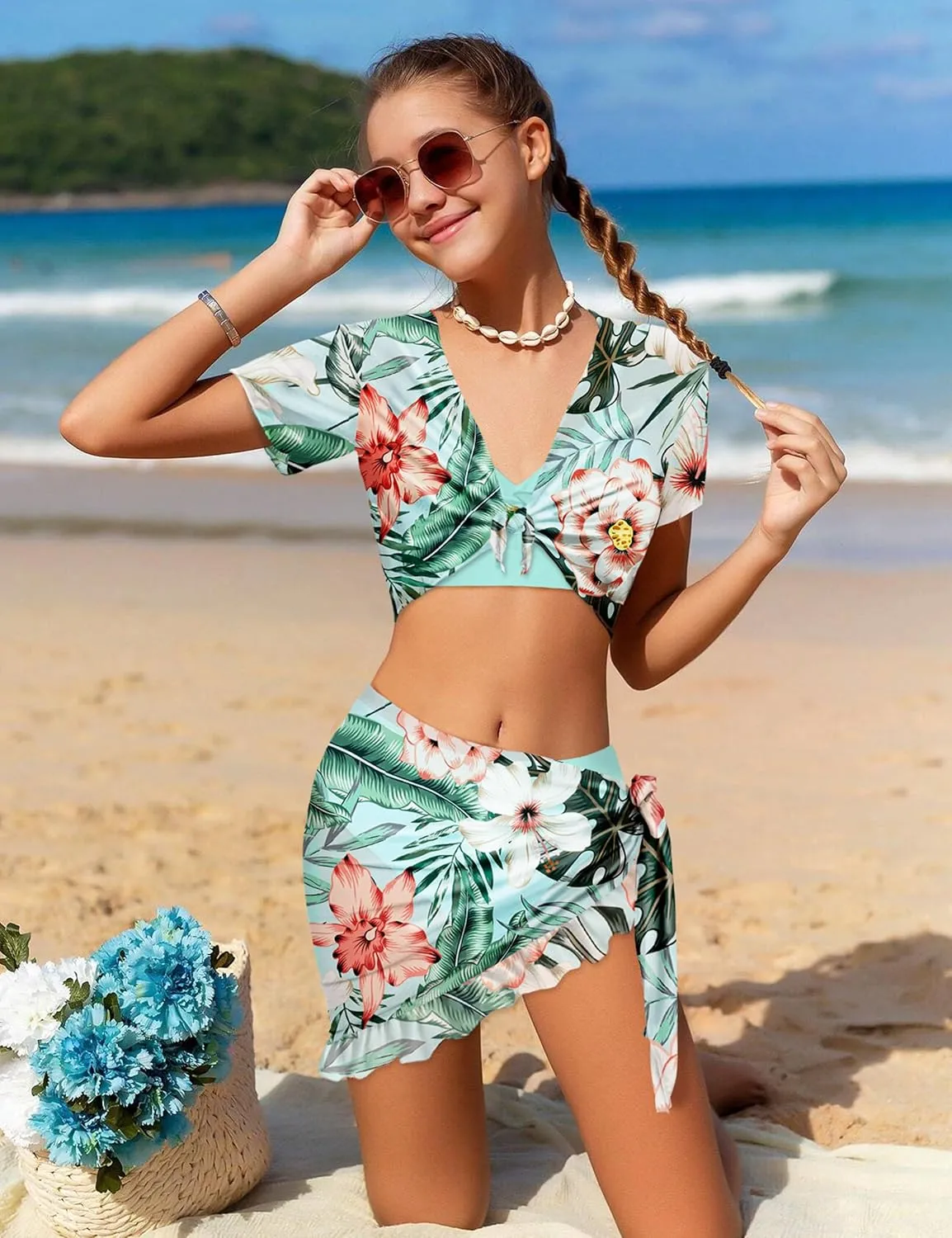 Girls Swimsuit 4 Piece Tropical Print Bikini Set Twist Criss Cross Bathing Suit with Kimono and Cover Up 9-16Y
