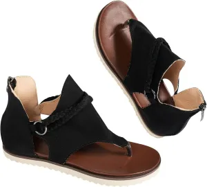 Gladiator Sandals for Women Flats Casual Summer Leopard Print Braid Straps Back Zip Clip Toe Flip Flops Lightweight Round Toe Hollow Roman Shoes