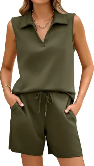 Glamaker Womens Two Piece Short Sets Summer V Neck Travel Outfits Sweatsuits Sleeveless Lounge Sets Tracksuit