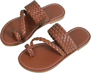 GORGLITTER Girl's Strappy Leather Flats Sandal Cute Braided Dressy Toe Ring Slip on Slide Sandals Brown 5