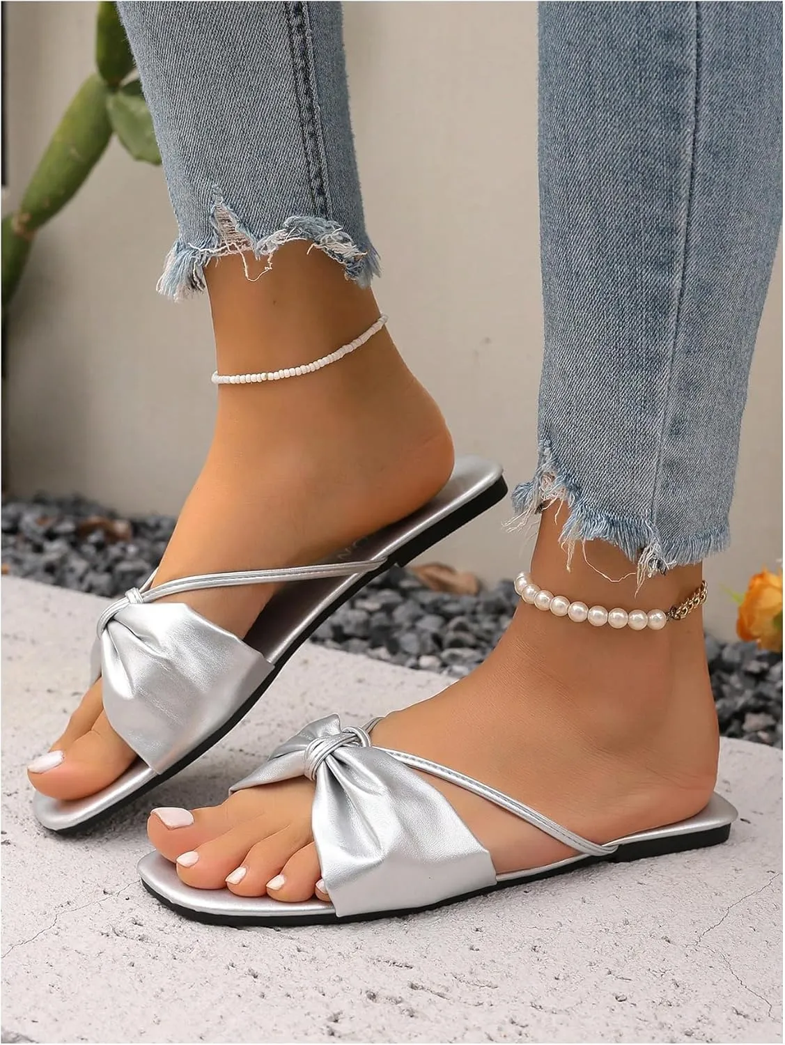GORGLITTER Women's Bow Flats Sandals Dress Strappy Open Toe Summer Slides Sandal