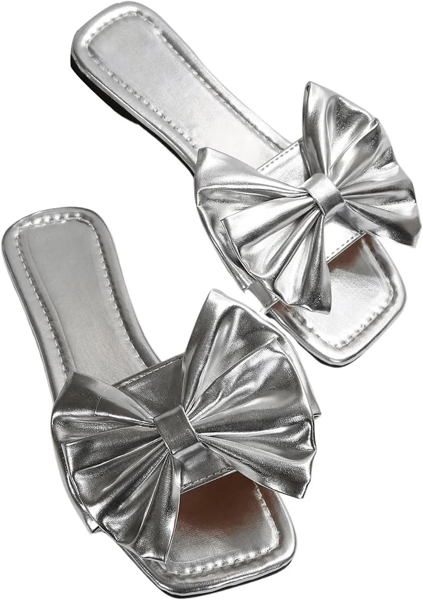 GORGLITTER Women's Bow Sandals Square Open Toe Slip on Dressy Summer Sandals