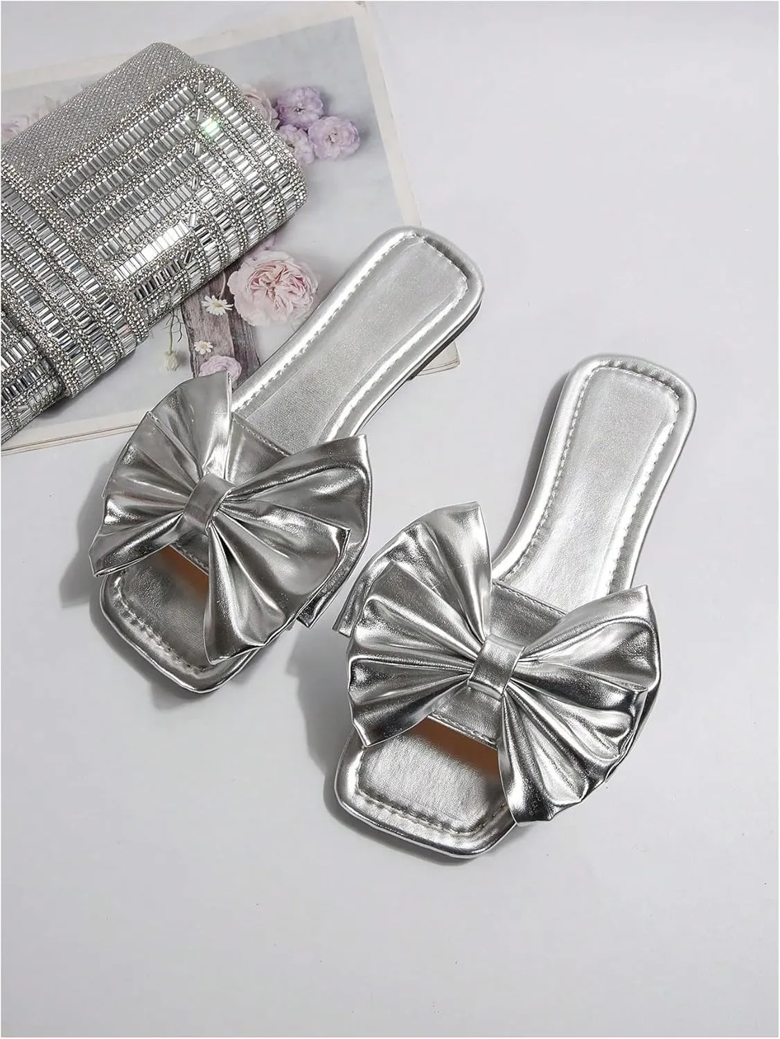 GORGLITTER Women's Bow Sandals Square Open Toe Slip on Dressy Summer Sandals