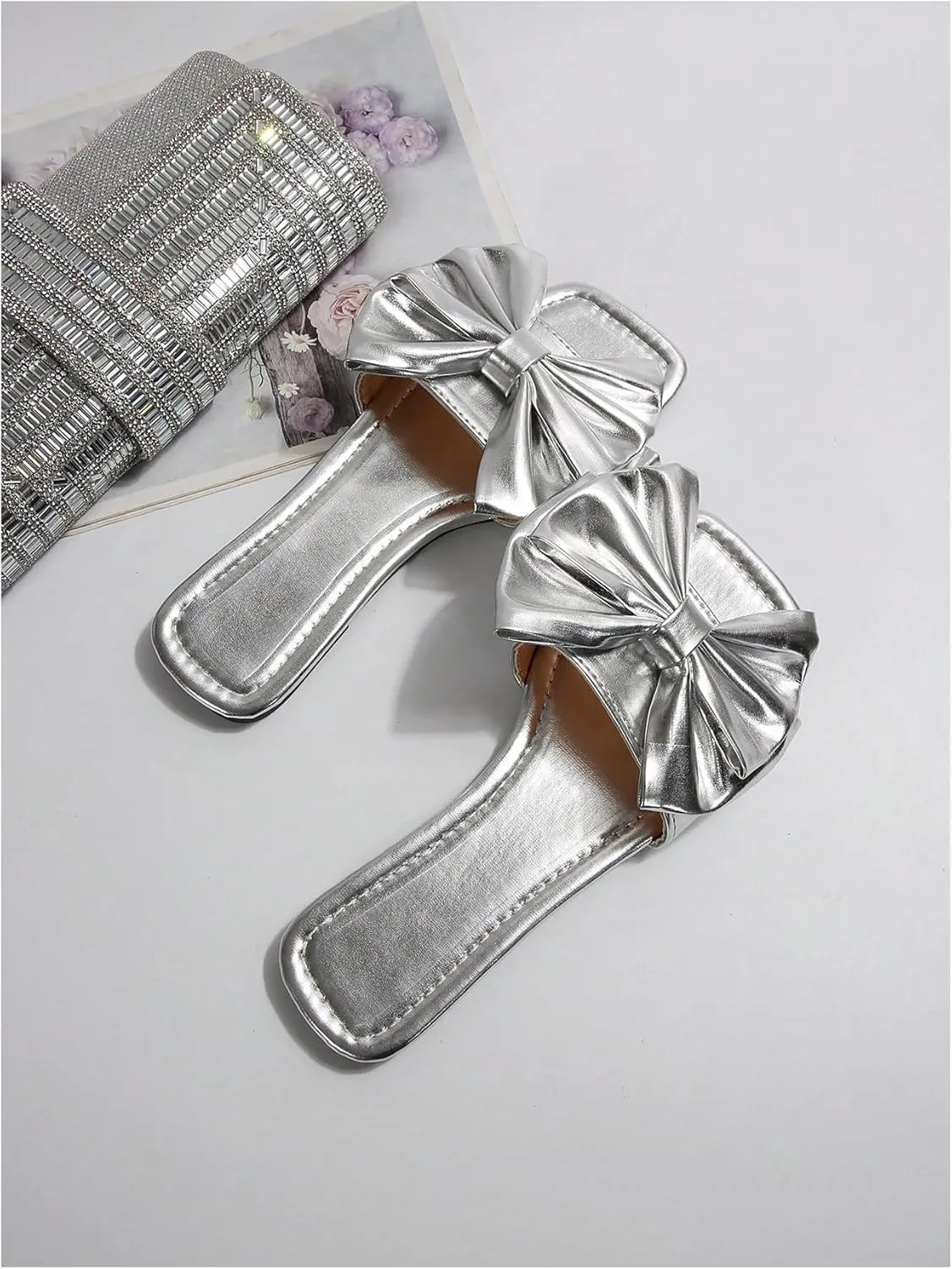 GORGLITTER Women's Bow Sandals Square Open Toe Slip on Dressy Summer Sandals
