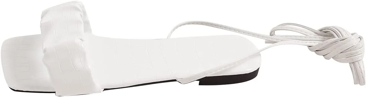GORGLITTER Women's Lace Up Flat Sandals Ruched Wrap Ankle Strap Braided Flats Slide Sandals