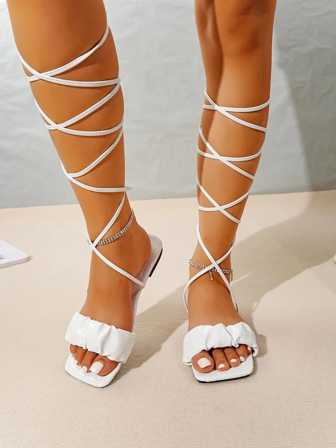 GORGLITTER Women's Lace Up Flat Sandals Ruched Wrap Ankle Strap Braided Flats Slide Sandals