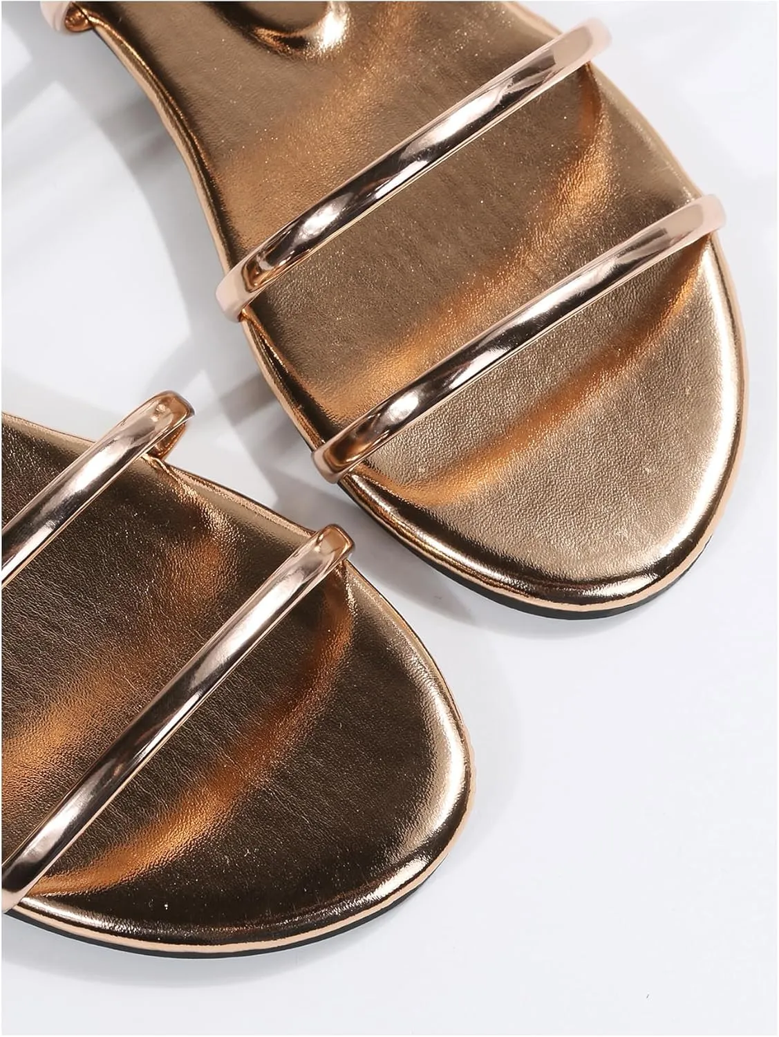 GORGLITTER Women's Metallic Strappy Flat Sandals Open Toe Leather Dressy Fancy Slide Sandals