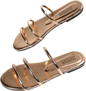 GORGLITTER Women's Metallic Strappy Flat Sandals Open Toe Leather Dressy Fancy Slide Sandals