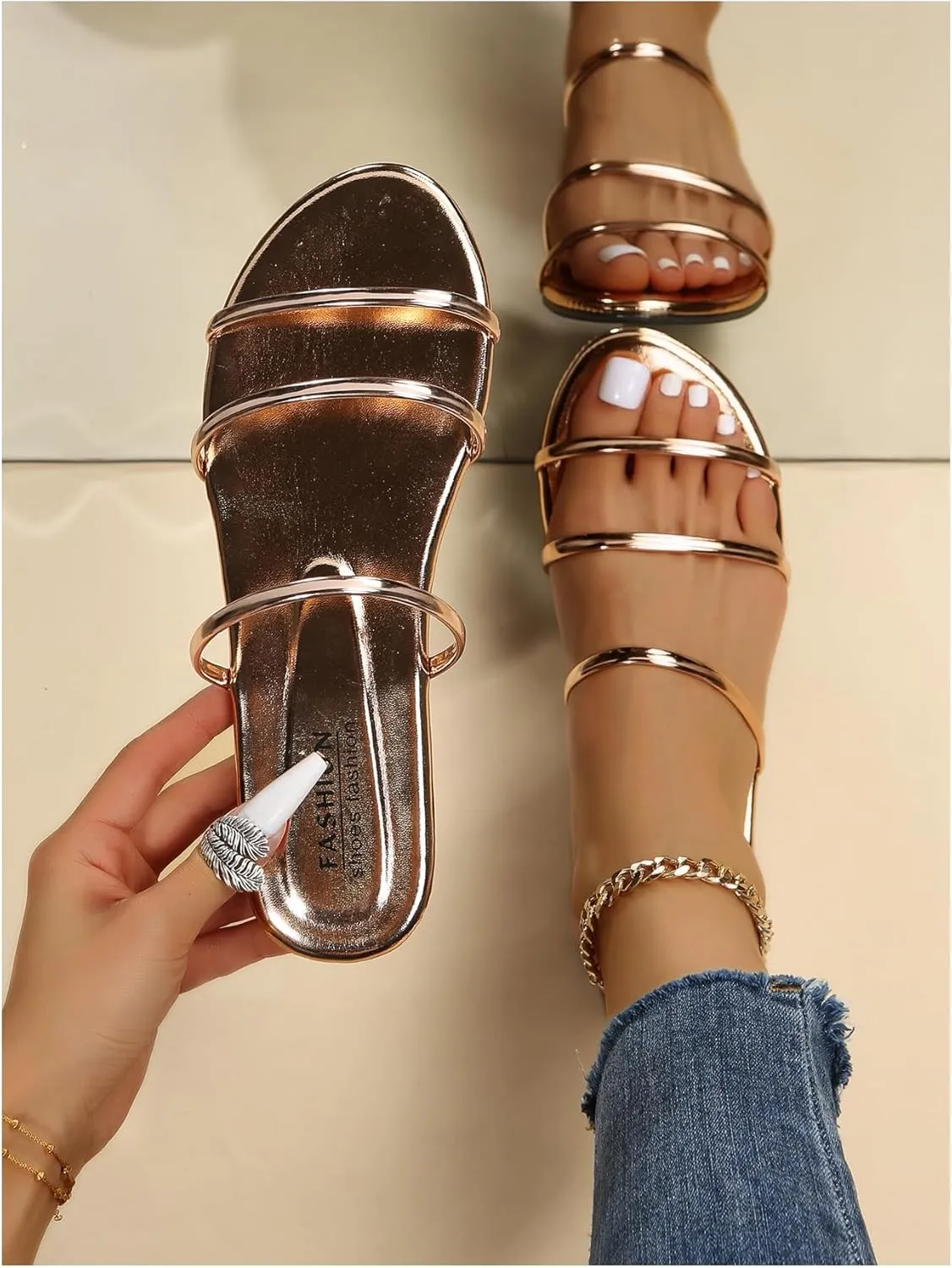 GORGLITTER Women's Metallic Strappy Flat Sandals Open Toe Leather Dressy Fancy Slide Sandals