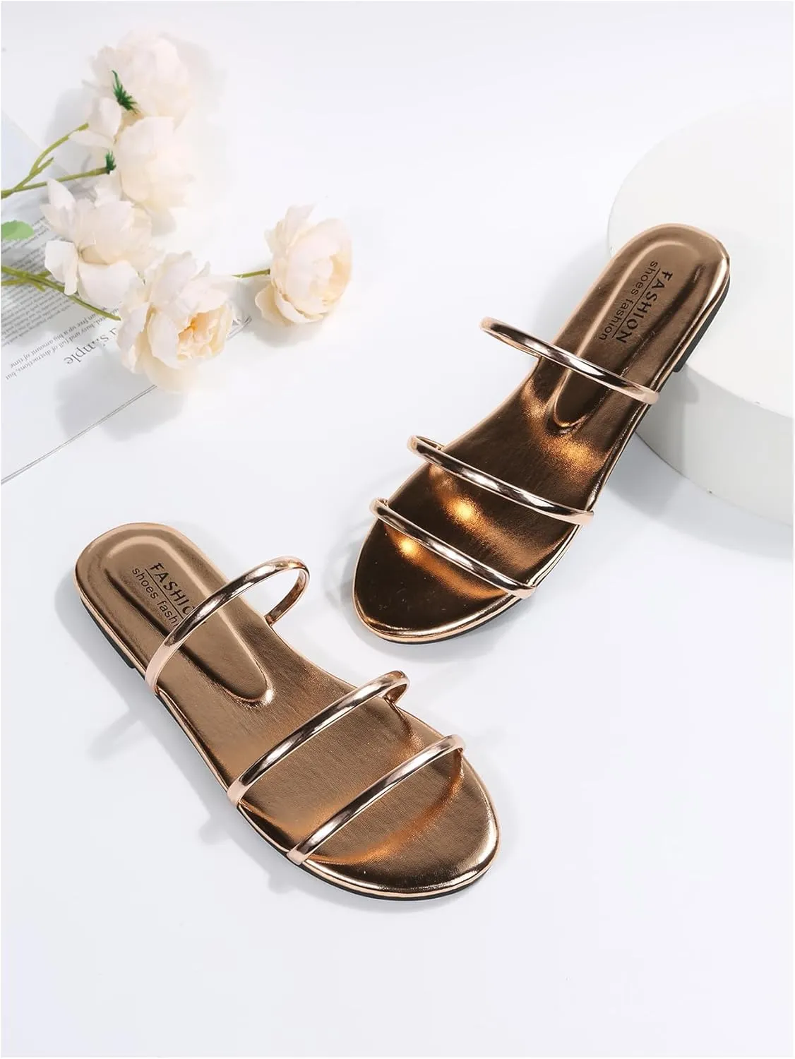 GORGLITTER Women's Metallic Strappy Flat Sandals Open Toe Leather Dressy Fancy Slide Sandals