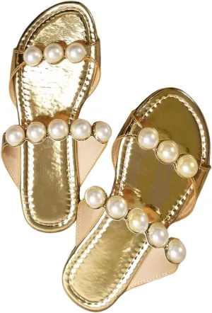 GORGLITTER Women's Pearls Decor Double Strap Slide Shoes Round Open Toe Metallic Flat Sandals