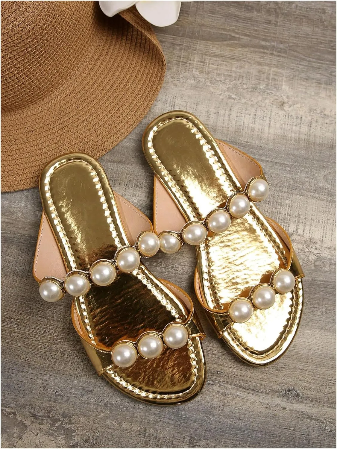 GORGLITTER Women's Pearls Decor Double Strap Slide Shoes Round Open Toe Metallic Flat Sandals