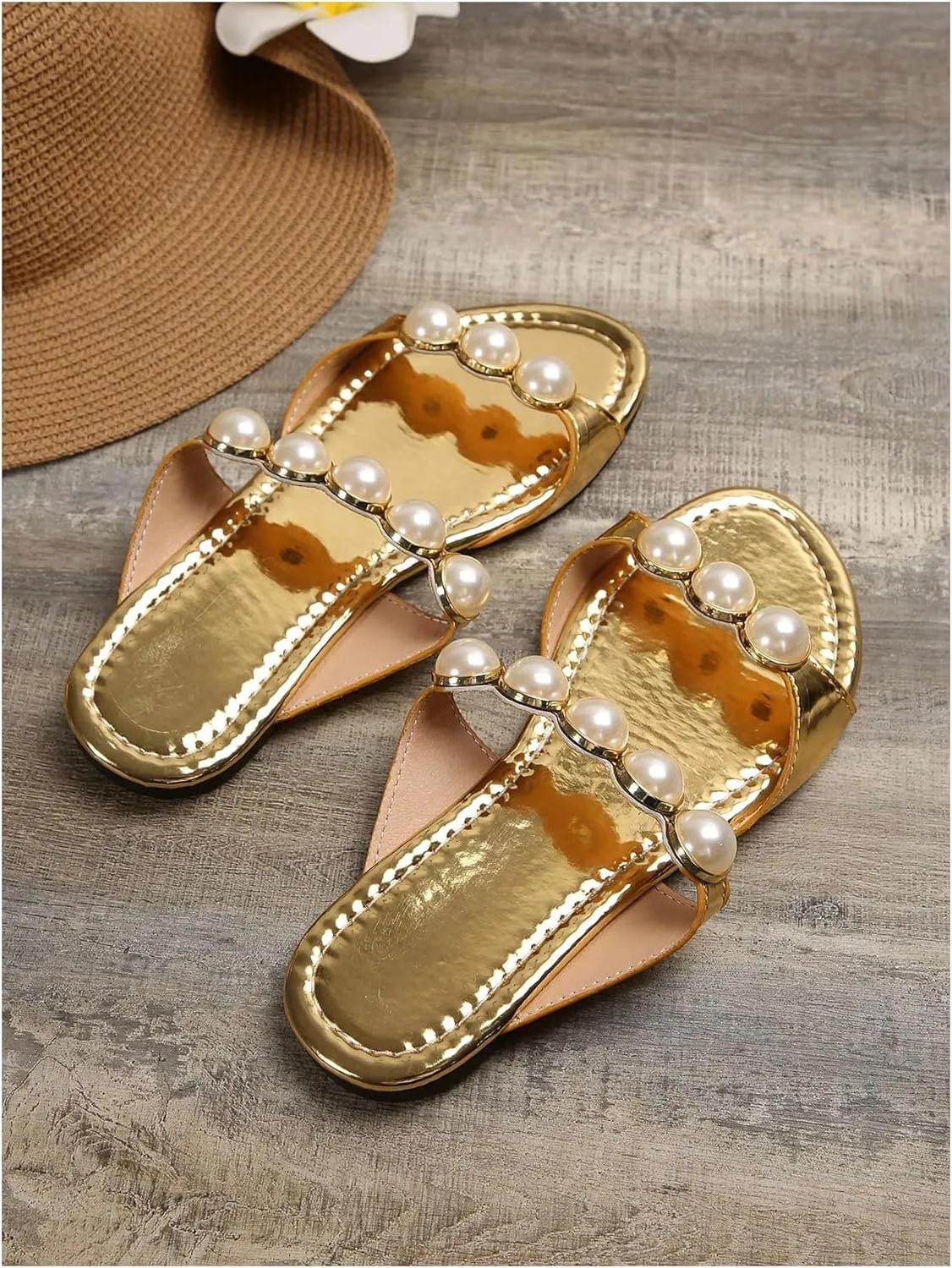 GORGLITTER Women's Pearls Decor Double Strap Slide Shoes Round Open Toe Metallic Flat Sandals