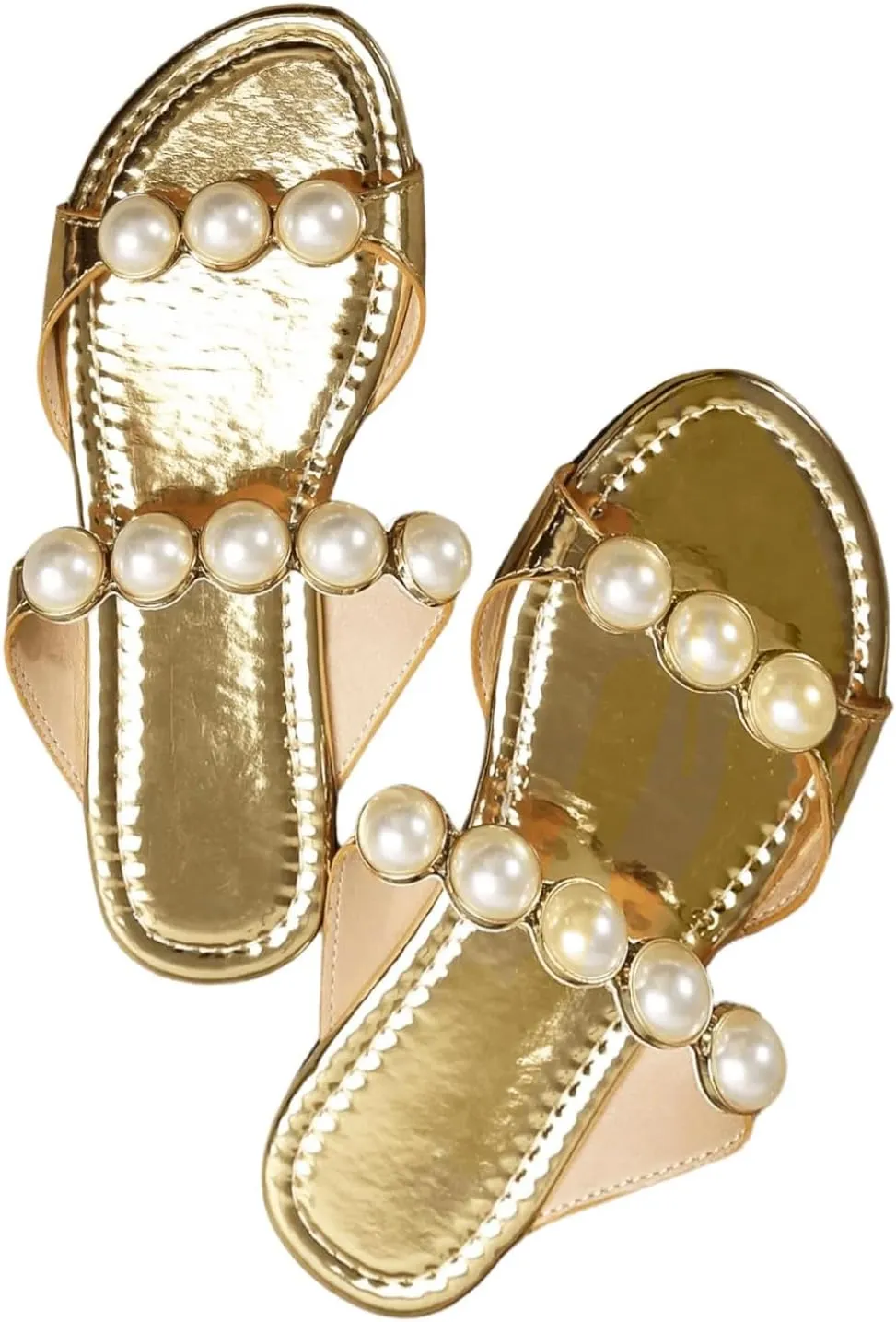 GORGLITTER Women's Pearls Decor Double Strap Slide Shoes Round Open Toe Metallic Flat Sandals