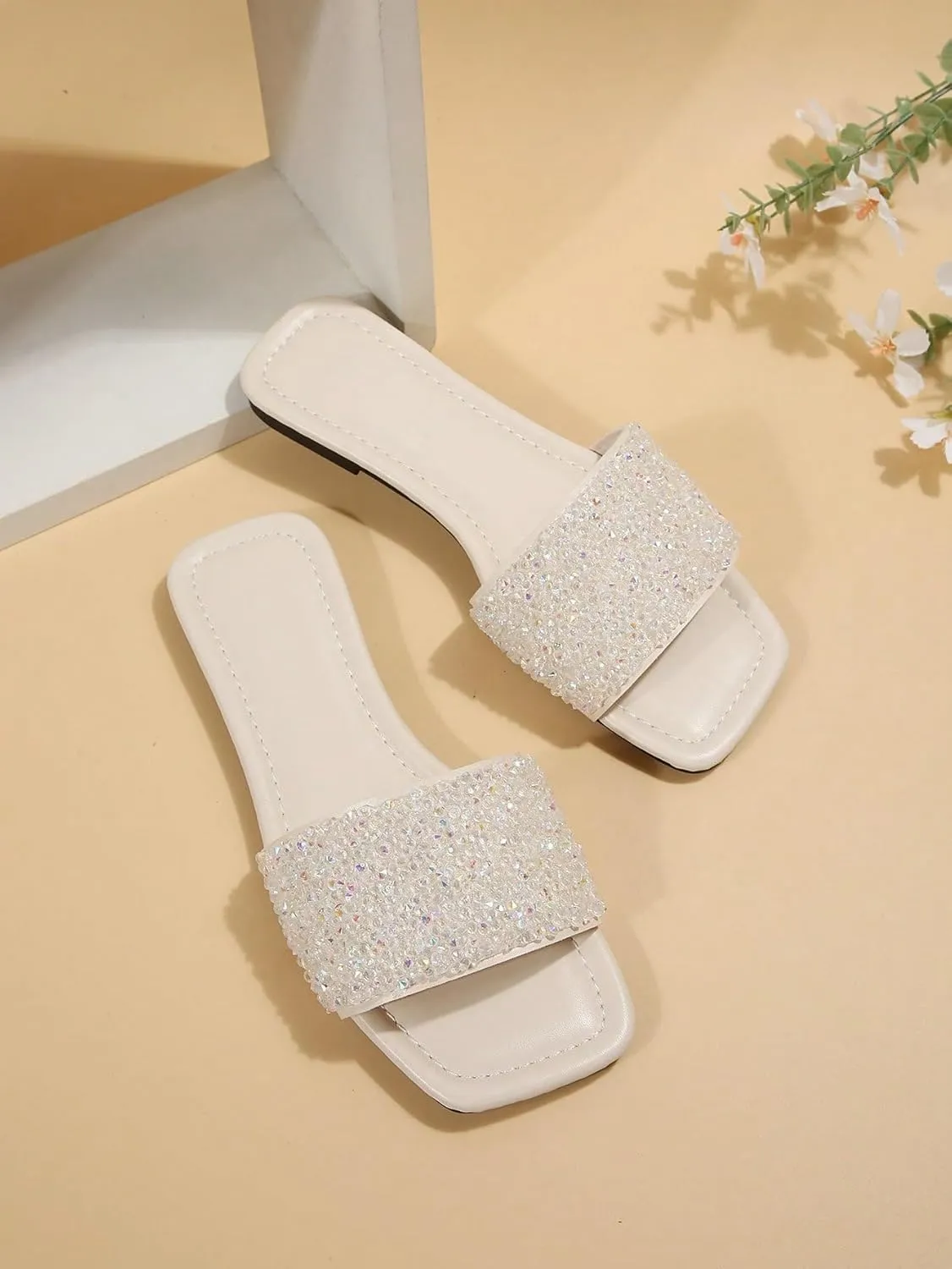 GORGLITTER Women's Rhinestone Sandals Glitter Strappy Sequin Shoes Square Toe Slide Flat Sandals