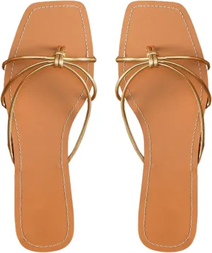 GORGLITTER Women's Strappy Flat Sandals Square Open Toe Flip Flops Comfy Summer Slip On Flat Shoes
