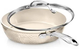 GOTHAM STEEL Hammered 10 Inch Non Stick Frying Pans with Lid, Frying Pans Nonstick with Lid, Non Toxic PFOA PFOS Free, Skillet Pan for Cooking, Induction Oven and Dishwasher Safe – Cream