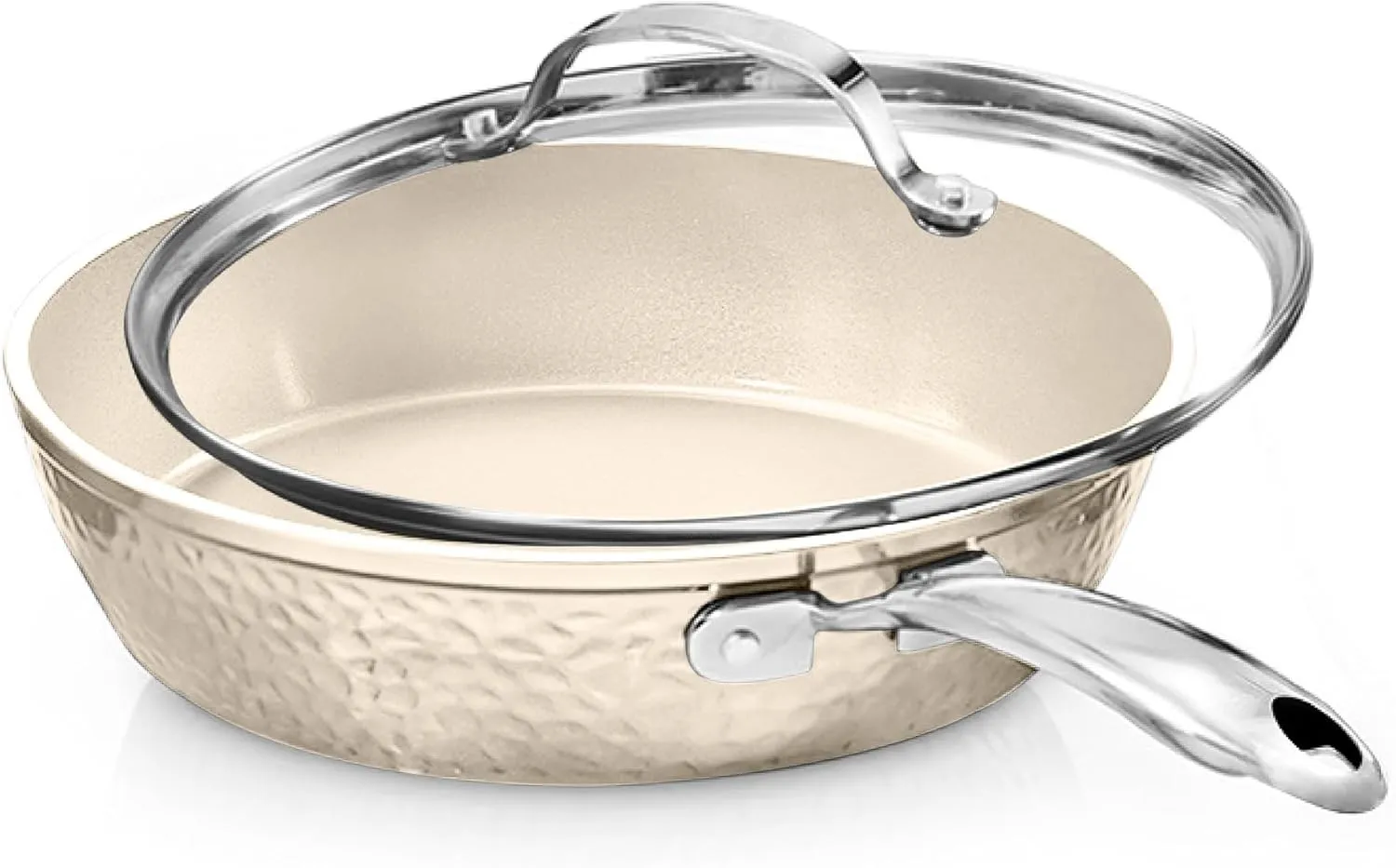 GOTHAM STEEL Hammered 10 Inch Non Stick Frying Pans with Lid, Frying Pans Nonstick with Lid, Non Toxic PFOA PFOS Free, Skillet Pan for Cooking, Induction Oven and Dishwasher Safe – Cream