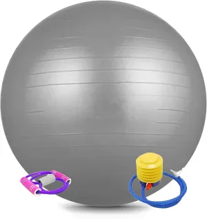 Gray Yoga, Pilates and Exercise Ball - Swiss Ball for Workout, Stability & Balance - Office Chair & Home Gym Kit with Pump & Band