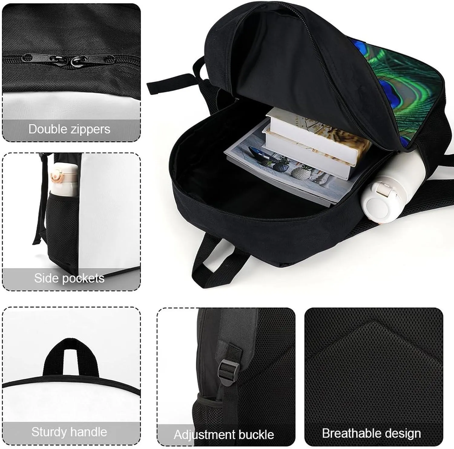 Green Peacock Feather Lightweight Backpack Casual Carry On Laptop Backpack,Hiking Bag for Camping Sports Work