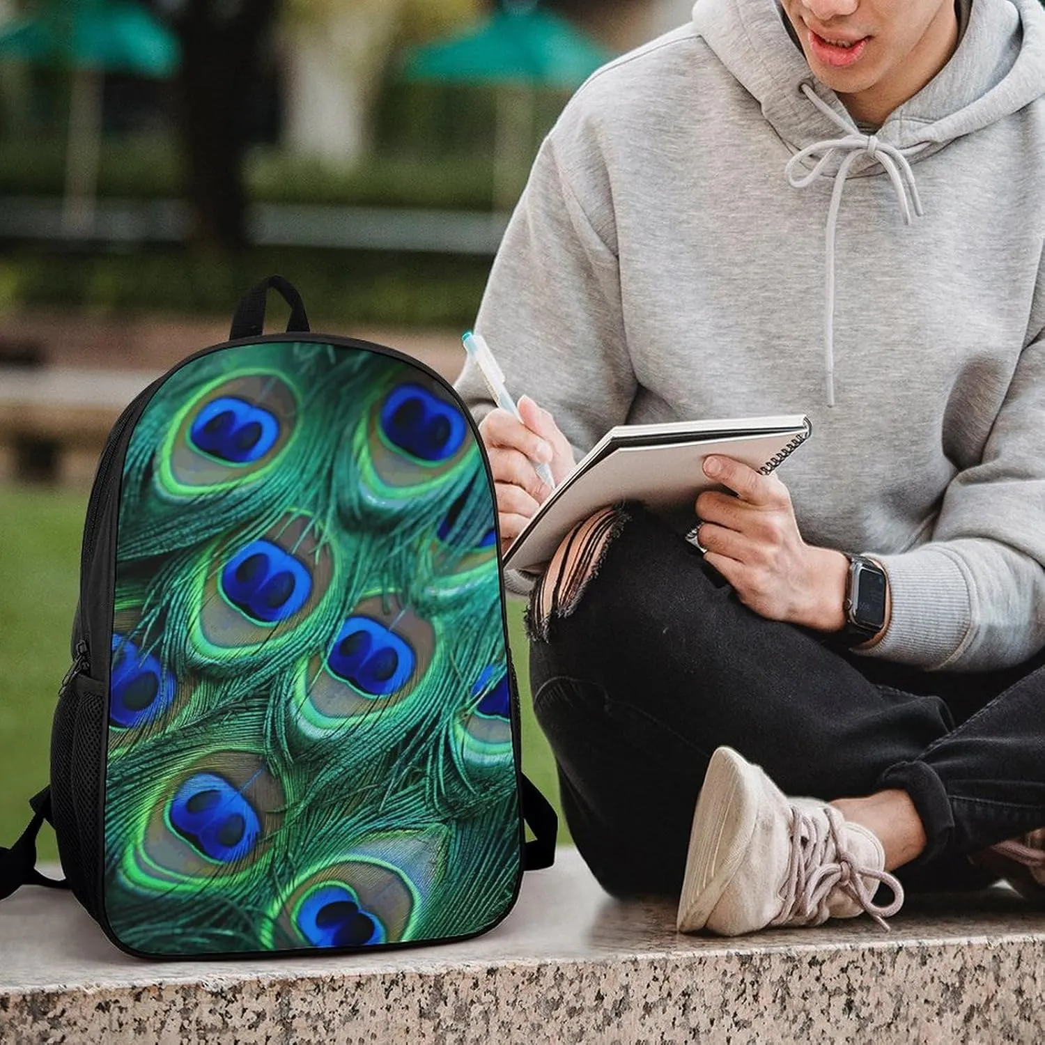 Green Peacock Feather Lightweight Backpack Casual Carry On Laptop Backpack,Hiking Bag for Camping Sports Work