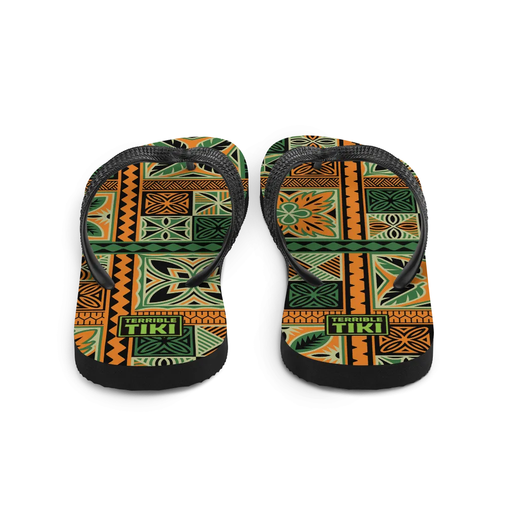Green Tiki Squares Flip-Flops