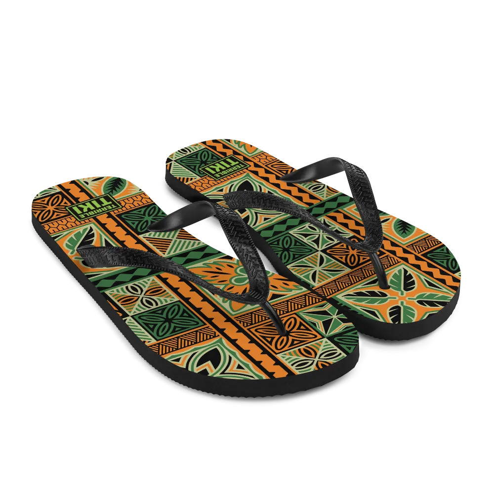 Green Tiki Squares Flip-Flops