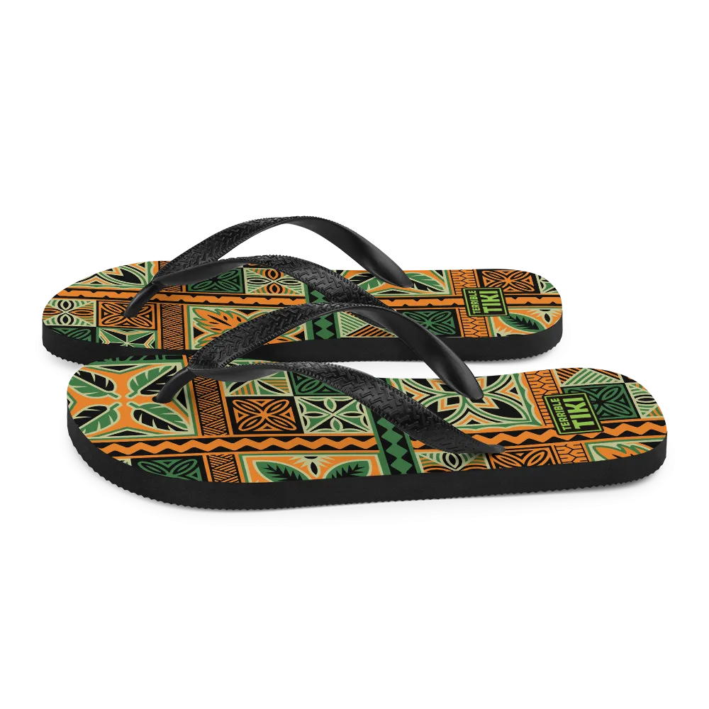 Green Tiki Squares Flip-Flops