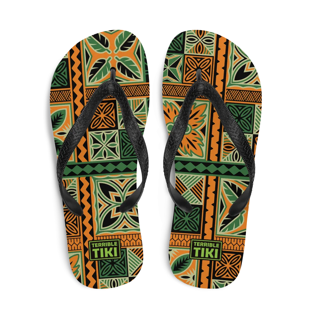 Green Tiki Squares Flip-Flops