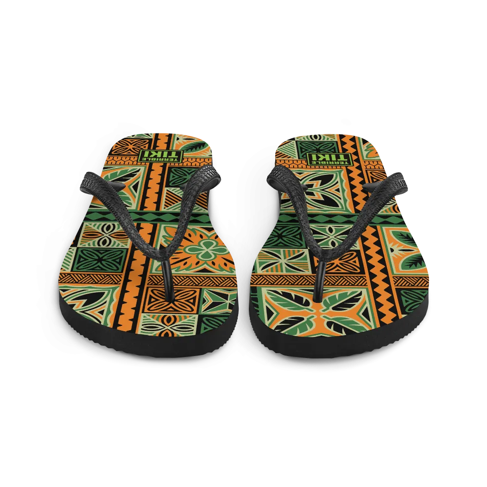 Green Tiki Squares Flip-Flops