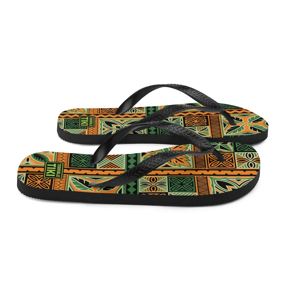 Green Tiki Squares Flip-Flops
