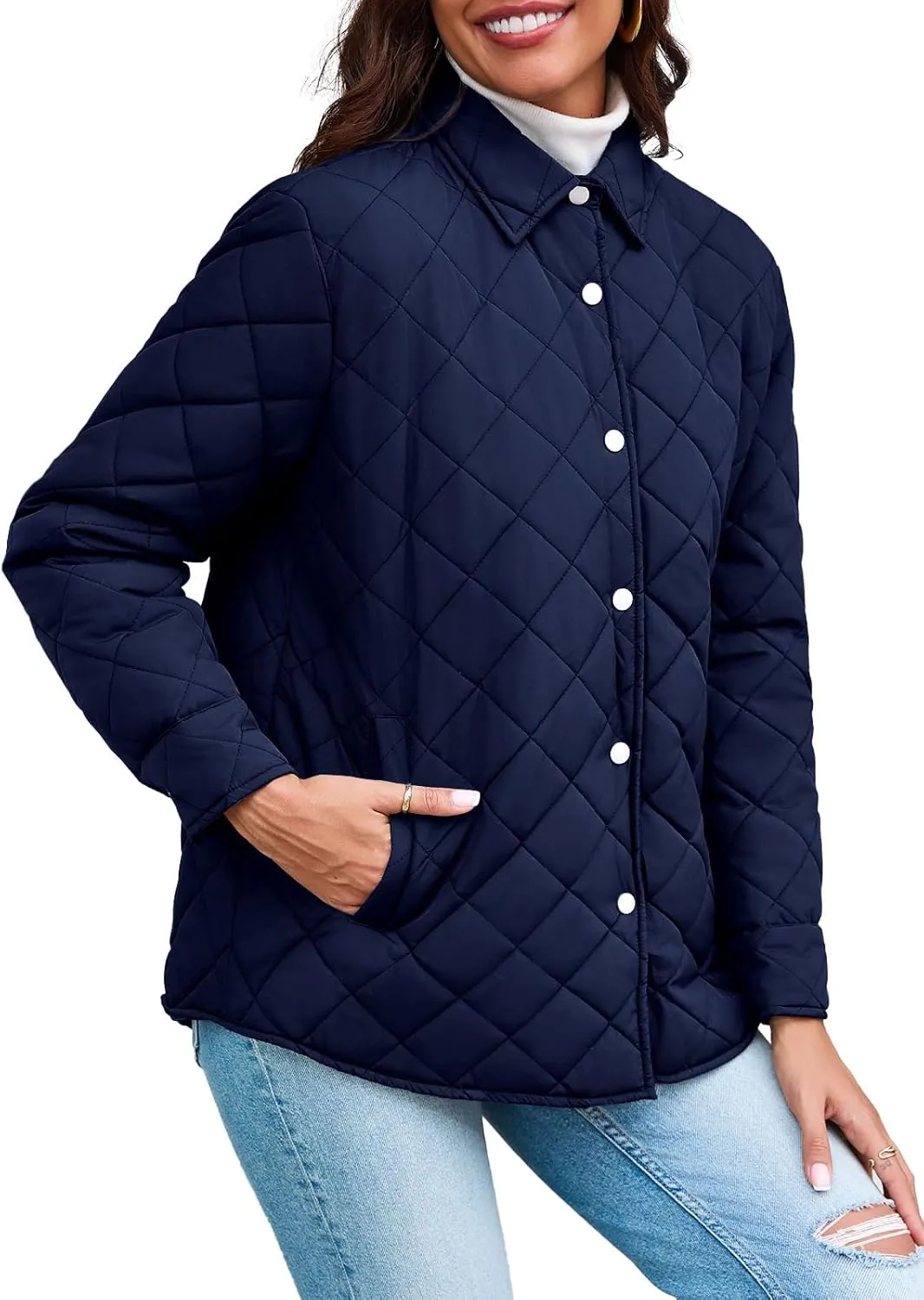Grlasen Women's Lightweight Quilted Jacket Stand Collar Single-breasted Long Sleeve Warm Oversized Coat with Pockets